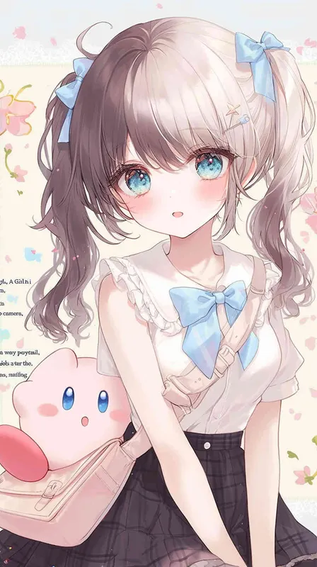 anime style,A Girl in a school uniform, with a wavy ponytail, looks at the camera, with bright aqua eyes and a star Kirby doll in her arms, smiling  - style2部分