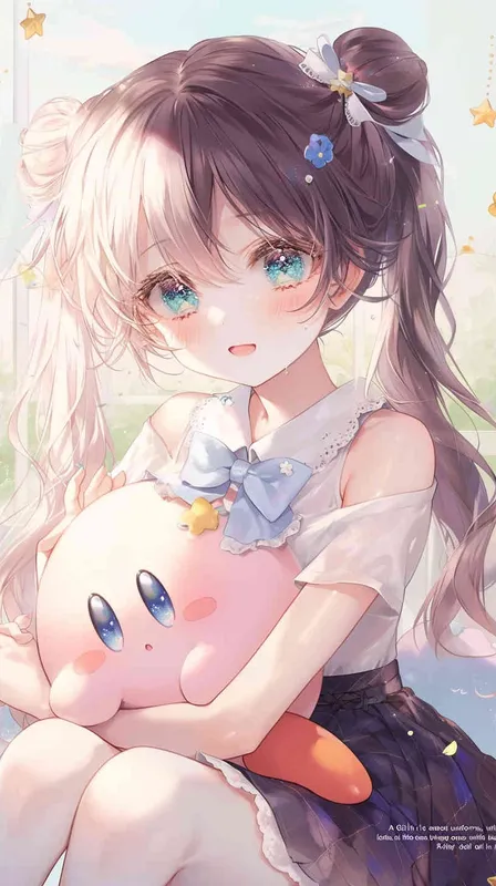 anime style,A Girl in a school uniform, with a wavy ponytail, looks at the camera, with bright aqua eyes and a star Kirby doll in her arms, smiling  - style3部分