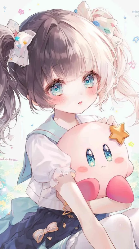 anime style,A Girl in a school uniform, with a wavy ponytail, looks at the camera, with bright aqua eyes and a star Kirby doll in her arms, smiling  - style4部分