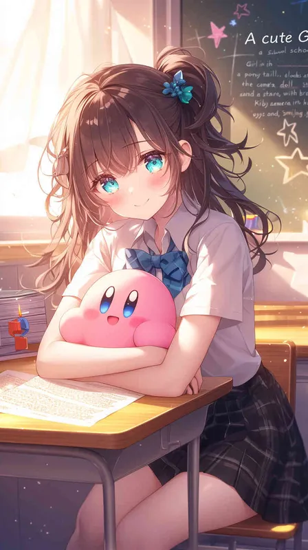 A cute Girl in a school uniform, with a wavy ponytail, looks at the camera, with bright aqua eyes and a star Kirby doll in her arms, smiling --ar 9:16 --niji 6 --iw 1.2  - style1部分
