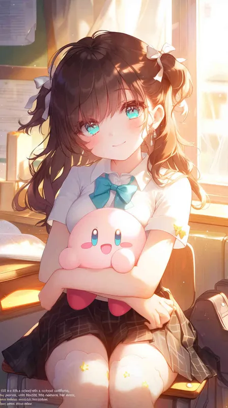 A cute Girl in a school uniform, with a wavy ponytail, looks at the camera, with bright aqua eyes and a star Kirby doll in her arms, smiling --ar 9:16 --niji 6 --iw 1.2  - style2部分