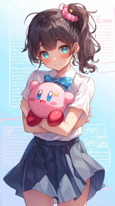 A cute Girl in a school uniform, with a wavy ponytail, looks at the camera, with bright aqua eyes and a star Kirby doll in her arms, smiling --ar 9:16 --niji 6 --iw 1.2  - style3部分