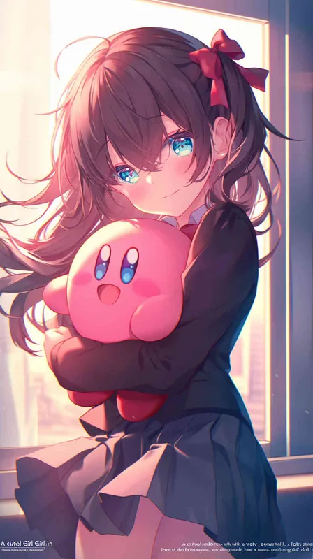 A cute Girl in a school uniform, with a wavy ponytail, looks at the camera, with bright aqua eyes and a star Kirby doll in her arms, smiling --ar 9:16 --niji 6 --iw 1.2  - style4部分