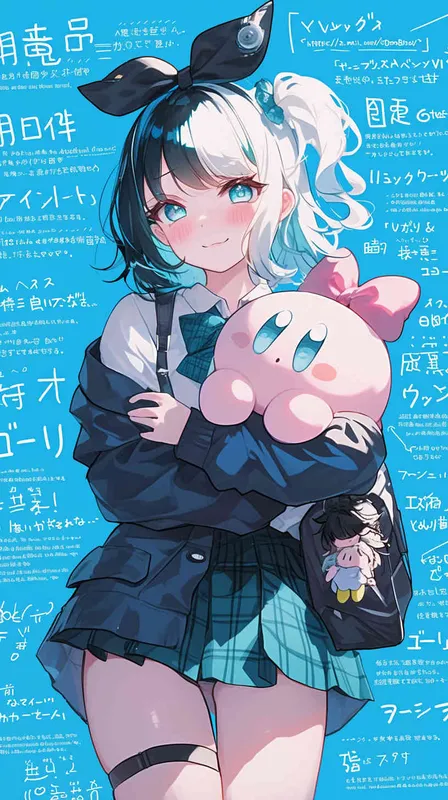 <https://s.mj.run/QDmBbCnExVI> A cute Girl in a school uniform, with a wavy ponytail, looks at the camera, with bright aqua eyes and a star Kirby doll in her arms, smiling – style2部分” class=”wp-image”/>
</figure>


<figure class=