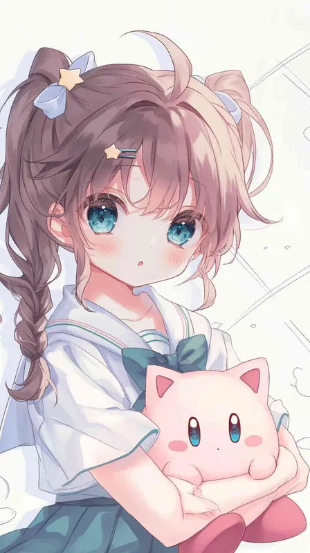 <https://s.mj.run/QDmBbCnExVI> A cute Girl in a school uniform, with a wavy ponytail, looks at the camera, with bright aqua eyes and a star Kirby doll in her arms, smiling –ar 9:16 –niji 6 –iw 1 – AI绘画作品展示 | Midjourney中文版生成