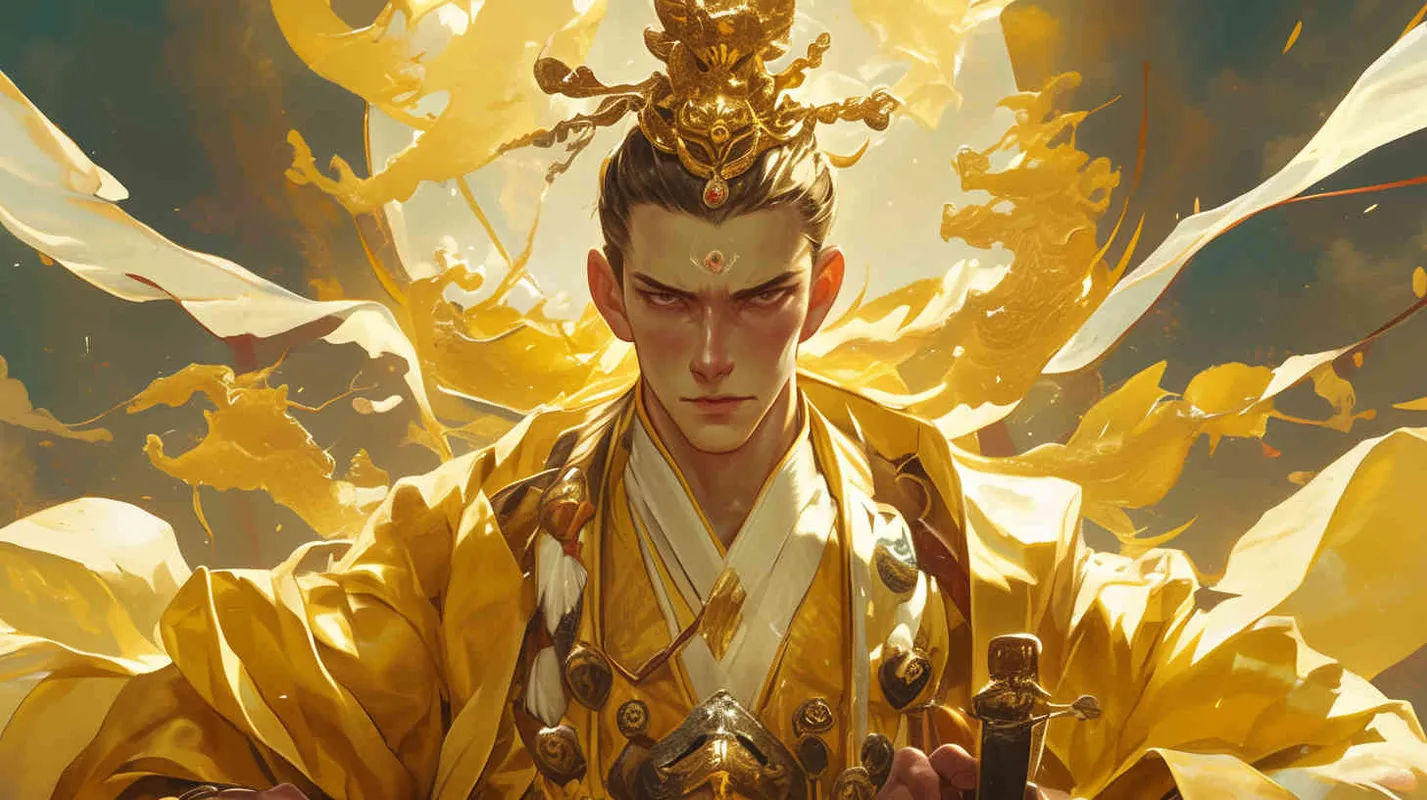 一位身高魁梧，浓眉大眼，头戴皇冠，肩宽背厚，身穿黄色长袍的英俊少年，他的脸庞刚毅而威严，双眼炯炯有神。是华夏儿女的始祖。 - style4部分