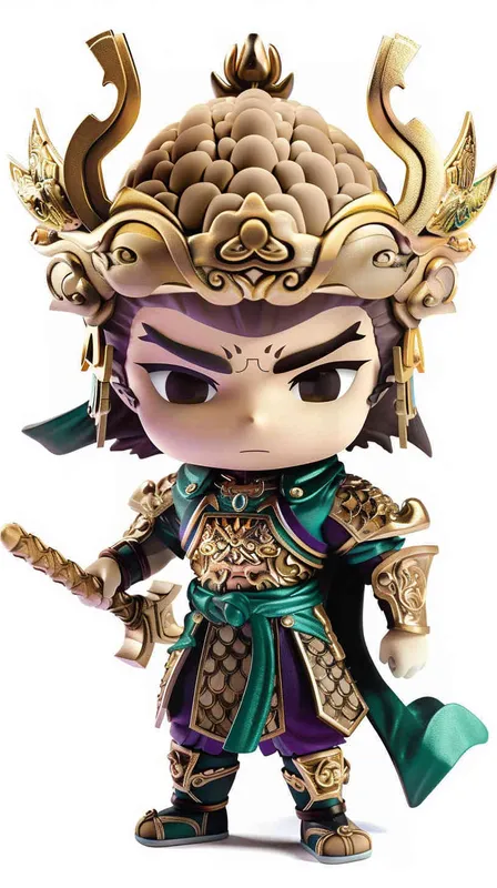 blind Box Style , full body, chibi, Delicate features, An image of an ancient Chinese door god, Q-shaped, with a full body, wearing a metal helmet , holding a golden sword.,His left arm is adorned with green armor, while his right arm is adorned with a purple battle robe adorned with golden dragon patterns, legs are covered in scaly armor, wearing war boots,white background, Natural lighting, 8K, best quality, ultra - detail, 3D, C4D, Blender, OC renderer, ultra HD, 3D rendering - AI绘画作品展示 | Midjourney中文版生成
