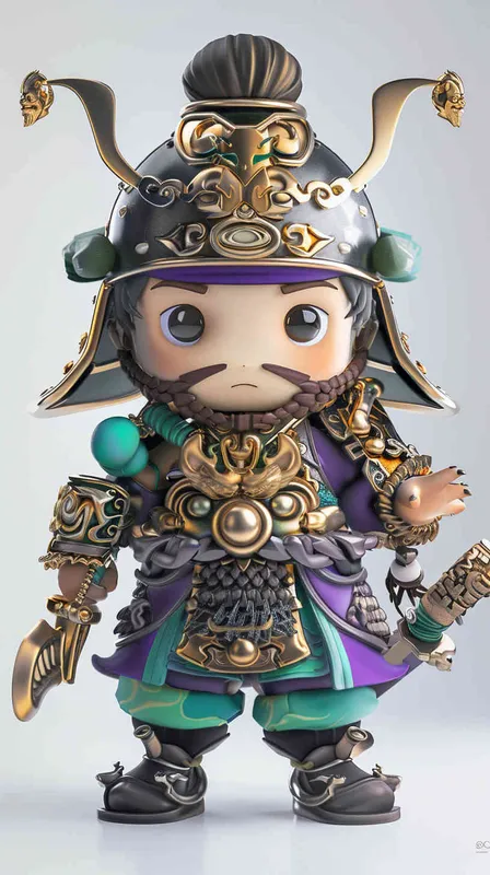 blind Box Style , full body, chibi, Delicate features, An image of an ancient Chinese door god, Q-shaped, with a full body, wearing a metal helmet , holding a golden sword.,His left arm is adorned with green armor, while his right arm is adorned with a purple battle robe adorned with golden dragon patterns, legs are covered in scaly armor, wearing war boots,white background, Natural lighting, 8K, best quality, ultra - detail, 3D, C4D, Blender, OC renderer, ultra HD, 3D rendering - AI绘画作品展示 | Midjourney中文版生成