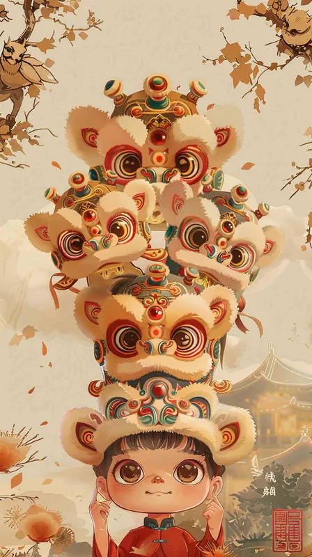 six young Fuwa boys wearing lion dance headbands, replacing the white background with scenes of Tang Dynasty style, national style illustration style - style1部分