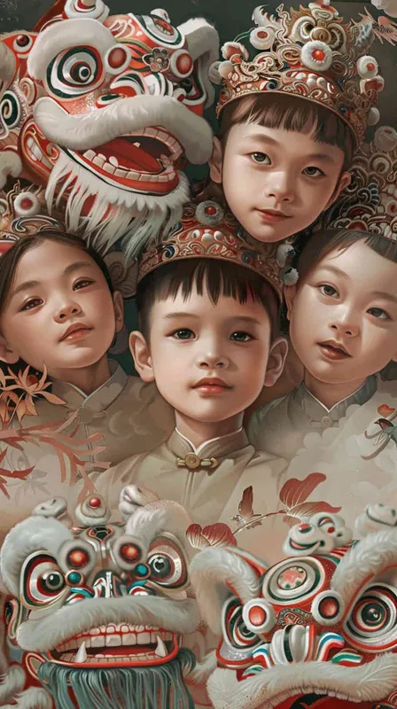six young Fuwa boys wearing lion dance headbands, replacing the white background with scenes of Tang Dynasty style, national style illustration style - style2部分