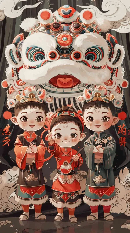 six young Fuwa boys wearing lion dance headbands, replacing the white background with scenes of Tang Dynasty style, national style illustration style - style3部分