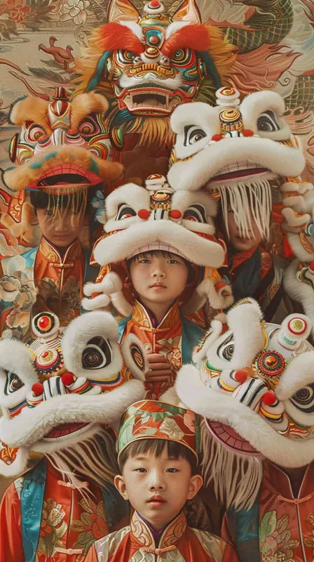 six young Fuwa boys wearing lion dance headbands, replacing the white background with scenes of Tang Dynasty style, national style illustration style - style4部分