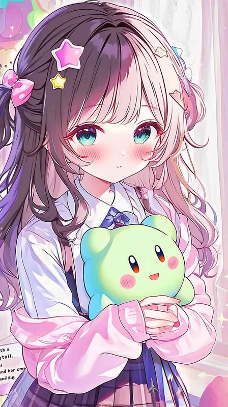 A cute Girl in a school uniform, with a wavy ponytail, looks at the camera, with bright aqua eyes and a star Kirby doll in her arms, smiling - style1部分