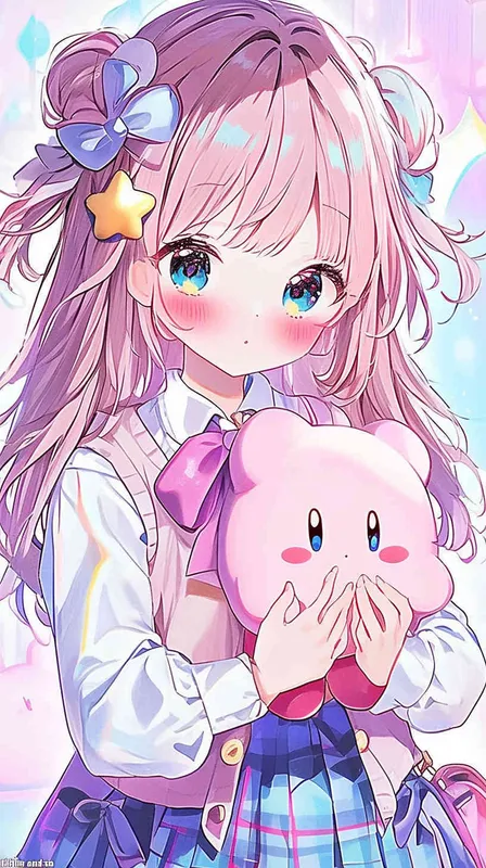 A cute Girl in a school uniform, with a wavy ponytail, looks at the camera, with bright aqua eyes and a star Kirby doll in her arms, smiling - style2部分