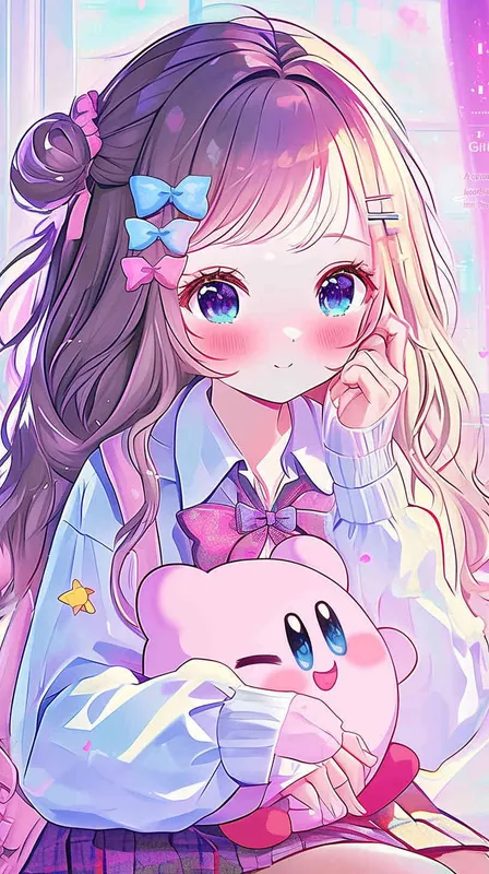 A cute Girl in a school uniform, with a wavy ponytail, looks at the camera, with bright aqua eyes and a star Kirby doll in her arms, smiling - style3部分