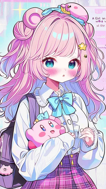 A cute Girl in a school uniform, with a wavy ponytail, looks at the camera, with bright aqua eyes and a star Kirby doll in her arms, smiling - style4部分