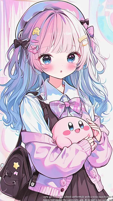 cute girl style,A Girl in a school uniform, with a wavy ponytail, looks at the camera, with bright aqua eyes and a star Kirby doll in her arms, smiling - style1部分