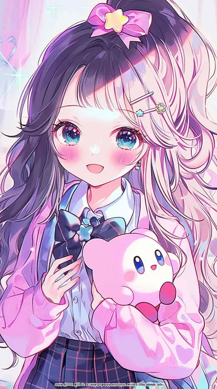 cute girl style,A Girl in a school uniform, with a wavy ponytail, looks at the camera, with bright aqua eyes and a star Kirby doll in her arms, smiling - style2部分