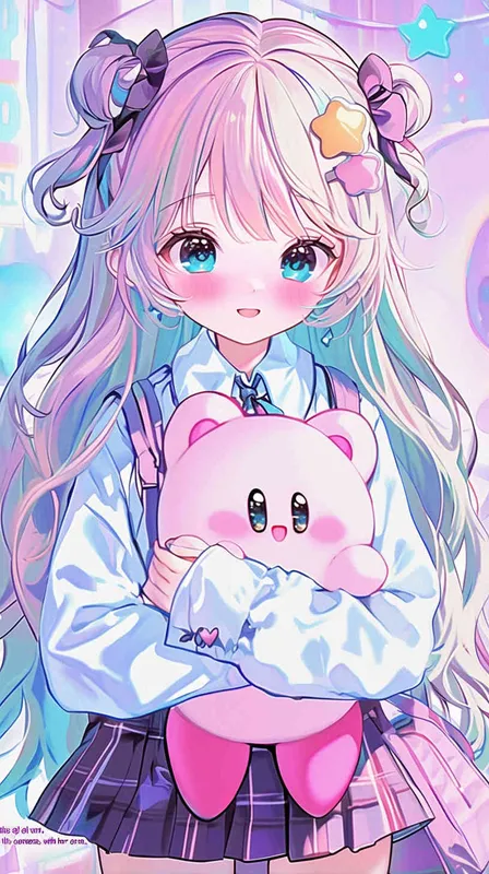 cute girl style,A Girl in a school uniform, with a wavy ponytail, looks at the camera, with bright aqua eyes and a star Kirby doll in her arms, smiling - style3部分