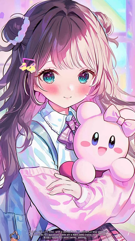 cute girl style,A Girl in a school uniform, with a wavy ponytail, looks at the camera, with bright aqua eyes and a star Kirby doll in her arms, smiling - style4部分