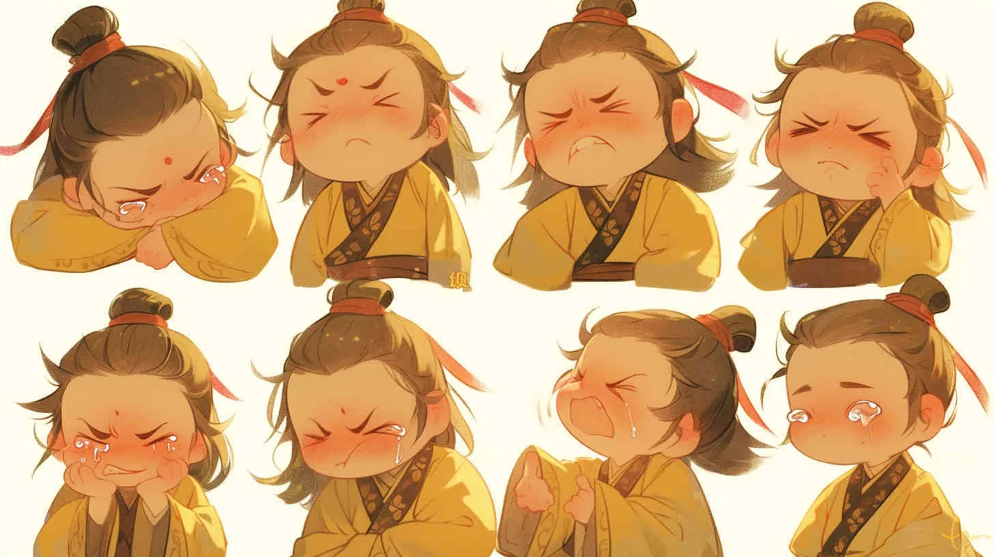 Nine postures and expressions, happy, angry, sad, crying, cute, looking forward, disappointed, surprised, speechless, shy, head close-up, a Q-version ancient costume boy, wearing a light yellow Taoist robe, red headband, long hair half tied, red headband, long hair shawl, figure eight bangs, nine close-up shots of heads of the same size，nine closeups all wearing yellow Taoist clothing， white background, DeI stijil, vivid illustrations, bold lines and solid colors, simple details, minimalism, line art, sticker art, - style1部分