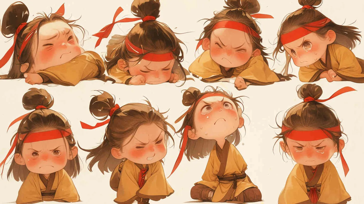 Nine postures and expressions, happy, angry, sad, crying, cute, looking forward, disappointed, surprised, speechless, shy, head close-up, a Q-version ancient costume boy, wearing a light yellow Taoist robe, red headband, long hair half tied, red headband, long hair shawl, figure eight bangs, nine close-up shots of heads of the same size，nine closeups all wearing yellow Taoist clothing， white background, DeI stijil, vivid illustrations, bold lines and solid colors, simple details, minimalism, line art, sticker art, - style2部分