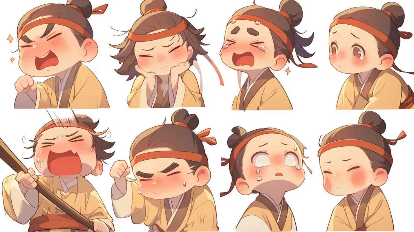 Nine postures and expressions, happy, angry, sad, crying, cute, looking forward, disappointed, surprised, speechless, shy, head close-up, a Q-version ancient costume boy, wearing a light yellow Taoist robe, red headband, long hair half tied, red headband, long hair shawl, figure eight bangs, nine close-up shots of heads of the same size，nine closeups all wearing yellow Taoist clothing， white background, DeI stijil, vivid illustrations, bold lines and solid colors, simple details, minimalism, line art, sticker art, - style3部分