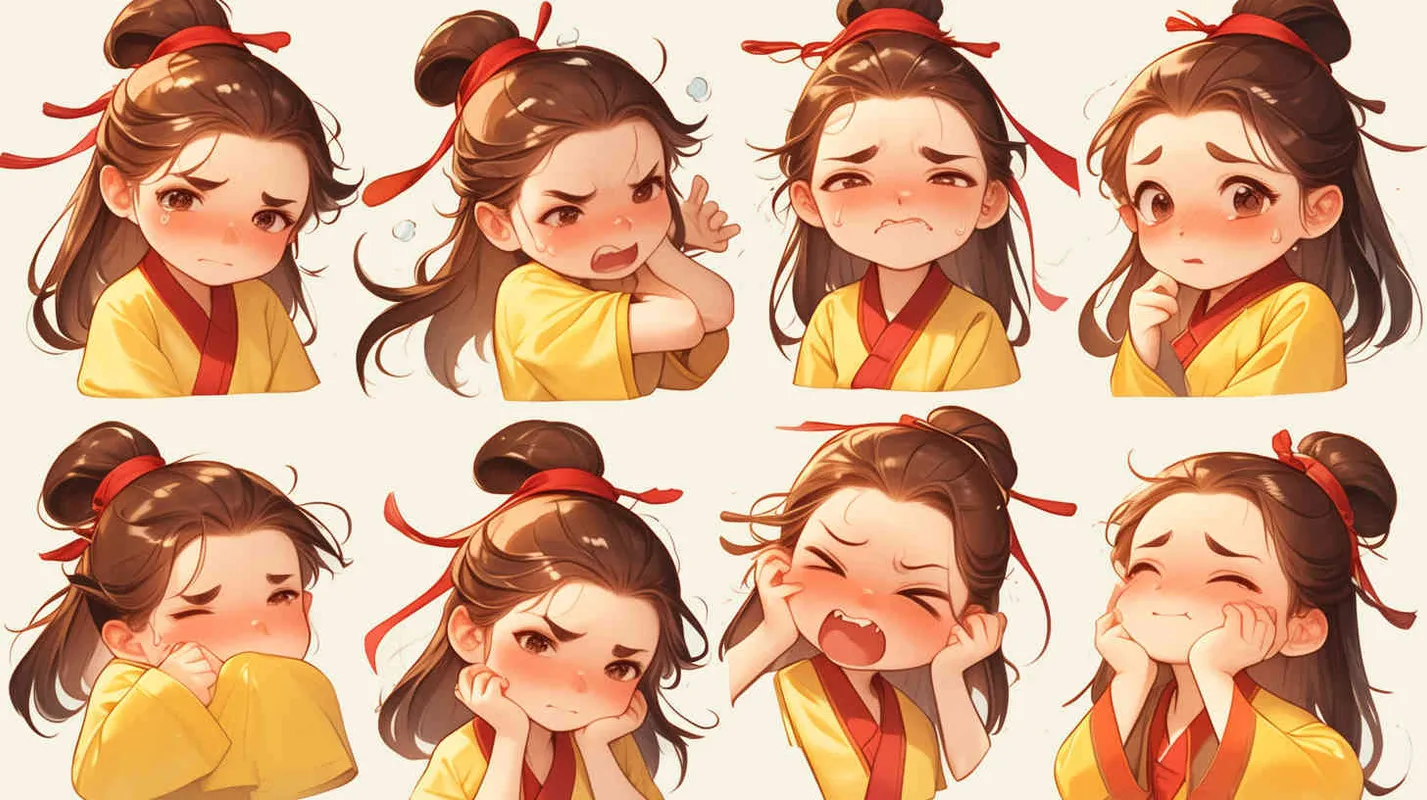 Nine postures and expressions, happy, angry, sad, crying, cute, looking forward, disappointed, surprised, speechless, shy, head close-up, a Q-version ancient costume boy, wearing a light yellow Taoist robe, red headband, long hair half tied, red headband, long hair shawl, figure eight bangs, nine close-up shots of heads of the same size，nine closeups all wearing yellow Taoist clothing， white background, DeI stijil, vivid illustrations, bold lines and solid colors, simple details, minimalism, line art, sticker art, - style4部分
