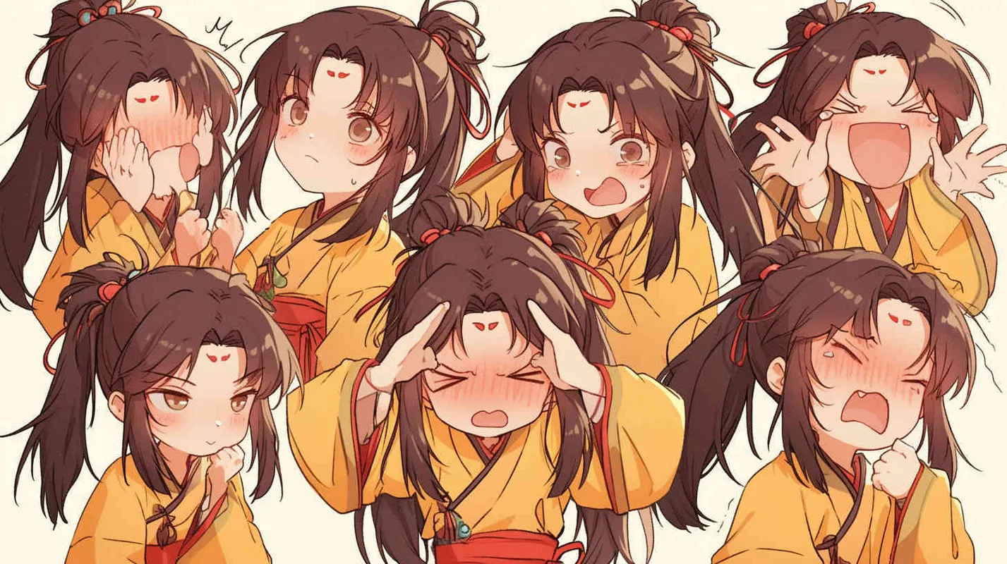 Nine postures and expressions, happy, angry, sad, crying, cute, looking forward, disappointed, surprised, speechless, shy, head close-up, a Q-version ancient costume boy, wearing a light yellow Taoist robe, red headband, long hair half tied, red headband, long hair shawl, figure eight bangs, nine close-up shots of heads of the same size，nine closeups all wearing yellow Taoist clothing， white background, DeI stijil, vivid illustrations, bold lines and solid colors, simple details, minimalism, line art, sticker art, – s750 niji 5  – AI绘画作品展示 | Midjourney中文版生成