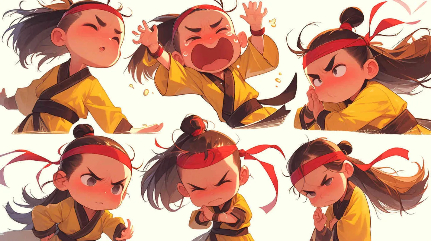 Nine postures and expressions, happy, angry, sad, crying, cute, looking forward, disappointed, surprised, speechless, shy, head close-up, a Q-version ancient costume boy, wearing a light yellow Taoist robe, red headband, long hair half tied, red headband, long hair shawl, figure eight bangs, nine close-up shots of heads of the same size，nine closeups all wearing yellow Taoist clothing， white background, DeI stijil, vivid illustrations, bold lines and solid colors, simple details, minimalism, line art, sticker art, - s750 niji 5  - style2部分