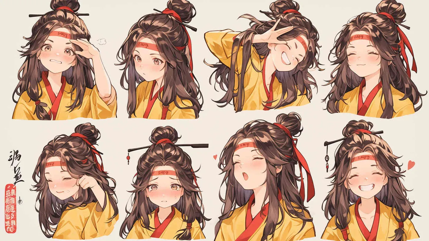 Nine postures and expressions, happy, angry, sad, crying, cute, looking forward, disappointed, surprised, speechless, shy, head close-up, a Q-version ancient costume boy, wearing a light yellow Taoist robe, red headband, long hair half tied, red headband, long hair shawl, figure eight bangs, nine close-up shots of heads of the same size，nine closeups all wearing yellow Taoist clothing， white background, DeI stijil, vivid illustrations, bold lines and solid colors, simple details, minimalism, line art, sticker art, - s750 niji 5  - style3部分