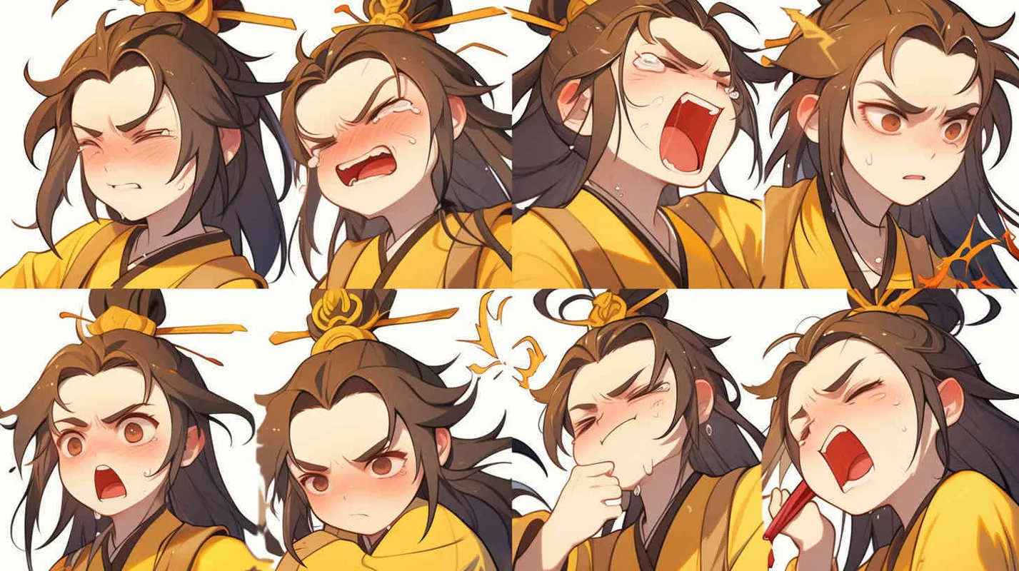 Nine postures and expressions, happy, angry, sad, crying, cute, looking forward, disappointed, surprised, speechless, shy, head close-up, a Q-version ancient costume boy, wearing a light yellow Taoist robe, red headband, long hair half tied, red headband, long hair shawl, figure eight bangs, nine close-up shots of heads of the same size，nine closeups all wearing yellow Taoist clothing， white background, DeI stijil, vivid illustrations, bold lines and solid colors, simple details, minimalism, line art, sticker art, - s750 niji 5  - style4部分