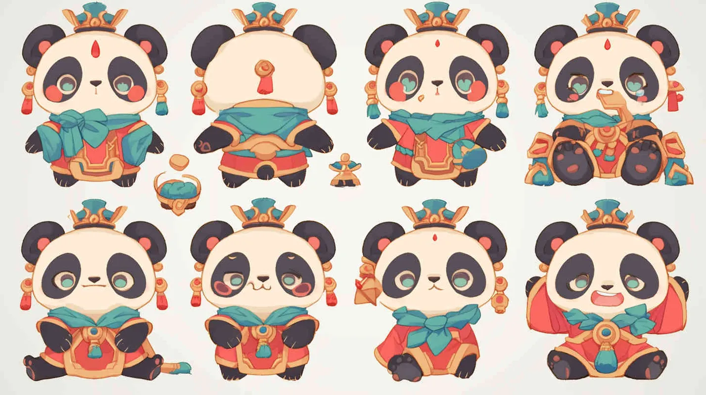 little panda, practicing Tai Chi in a Daoist robe, full-body illustration in a cute and Pixar-style pixelated design, showcasing9 different poses and expressions including dizziness, happiness, anger, crying, sadness,uteness, anticipation, laughter, disappointment, shyness, fatigue, eating, expressing love, etc., with close-up shots of the face and expressions, exaggerated movements, arranged in a neat grid layout, against a white background, in a cartoon and line art style, featuring sticker art design with intricate details, in ultra-high definition 8k resolution. --ar 3:4 --niji 6 - style1部分