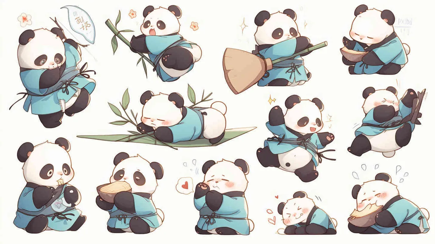 little panda, practicing Tai Chi in a Daoist robe, full-body illustration in a cute and Pixar-style pixelated design, showcasing9 different poses and expressions including dizziness, happiness, anger, crying, sadness,uteness, anticipation, laughter, disappointment, shyness, fatigue, eating, expressing love, etc., with close-up shots of the face and expressions, exaggerated movements, arranged in a neat grid layout, against a white background, in a cartoon and line art style, featuring sticker art design with intricate details, in ultra-high definition 8k resolution. --ar 3:4 --niji 6 - style2部分