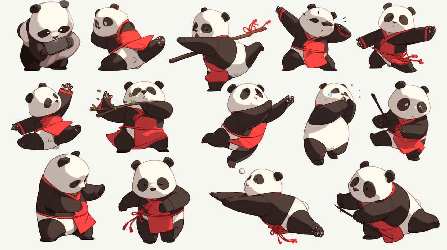 little panda, practicing Tai Chi in a Daoist robe, full-body illustration in a cute and Pixar-style pixelated design, showcasing9 different poses and expressions including dizziness, happiness, anger, crying, sadness,uteness, anticipation, laughter, disappointment, shyness, fatigue, eating, expressing love, etc., with close-up shots of the face and expressions, exaggerated movements, arranged in a neat grid layout, against a white background, in a cartoon and line art style, featuring sticker art design with intricate details, in ultra-high definition 8k resolution. --ar 3:4 --niji 6 - style3部分