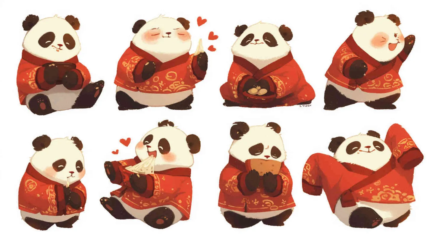 little panda, practicing Tai Chi in a Daoist robe, full-body illustration in a cute and Pixar-style pixelated design, showcasing9 different poses and expressions including dizziness, happiness, anger, crying, sadness,uteness, anticipation, laughter, disappointment, shyness, fatigue, eating, expressing love, etc., with close-up shots of the face and expressions, exaggerated movements, arranged in a neat grid layout, against a white background, in a cartoon and line art style, featuring sticker art design with intricate details, in ultra-high definition 8k resolution. --ar 3:4 --niji 6 - style4部分