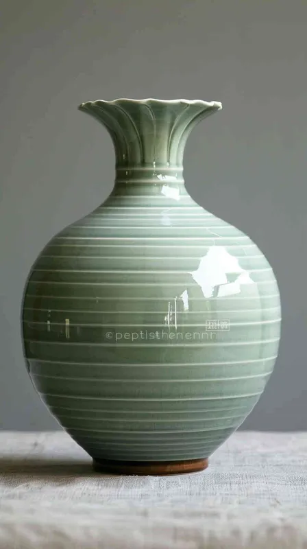 青绿色青花瓷瓶，造型简洁，色彩淡雅。它以细致的插图和平面插图为特色，没有任何光影，缺乏立体感，简·纽兰的风格，情人笔玫瑰，镶嵌卷轴，中国卷轴，条纹图案 - style1部分