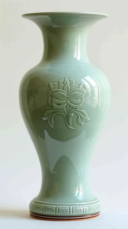 青绿色青花瓷瓶，造型简洁，色彩淡雅。它以细致的插图和平面插图为特色，没有任何光影，缺乏立体感，简·纽兰的风格，情人笔玫瑰，镶嵌卷轴，中国卷轴，条纹图案 - style3部分