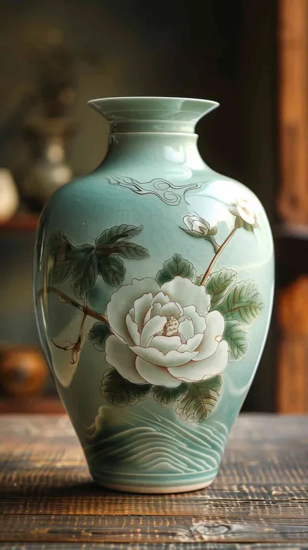 青绿色青花瓷瓶，造型简洁，色彩淡雅。它以细致的插图和平面插图为特色，没有任何光影，缺乏立体感，简·纽兰的风格，情人笔玫瑰，镶嵌卷轴，中国卷轴，条纹图案 - style4部分