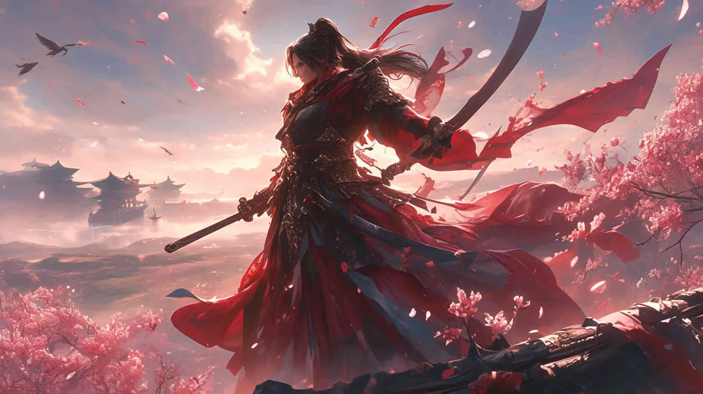 A handsome young man with a burly figure, thick eyebrows and big eyes, wearing a red robe and black long hair. Standing on the land of China, holding a long sword, the sword emitted bursts of cold light. Chinese scroll. - style1部分