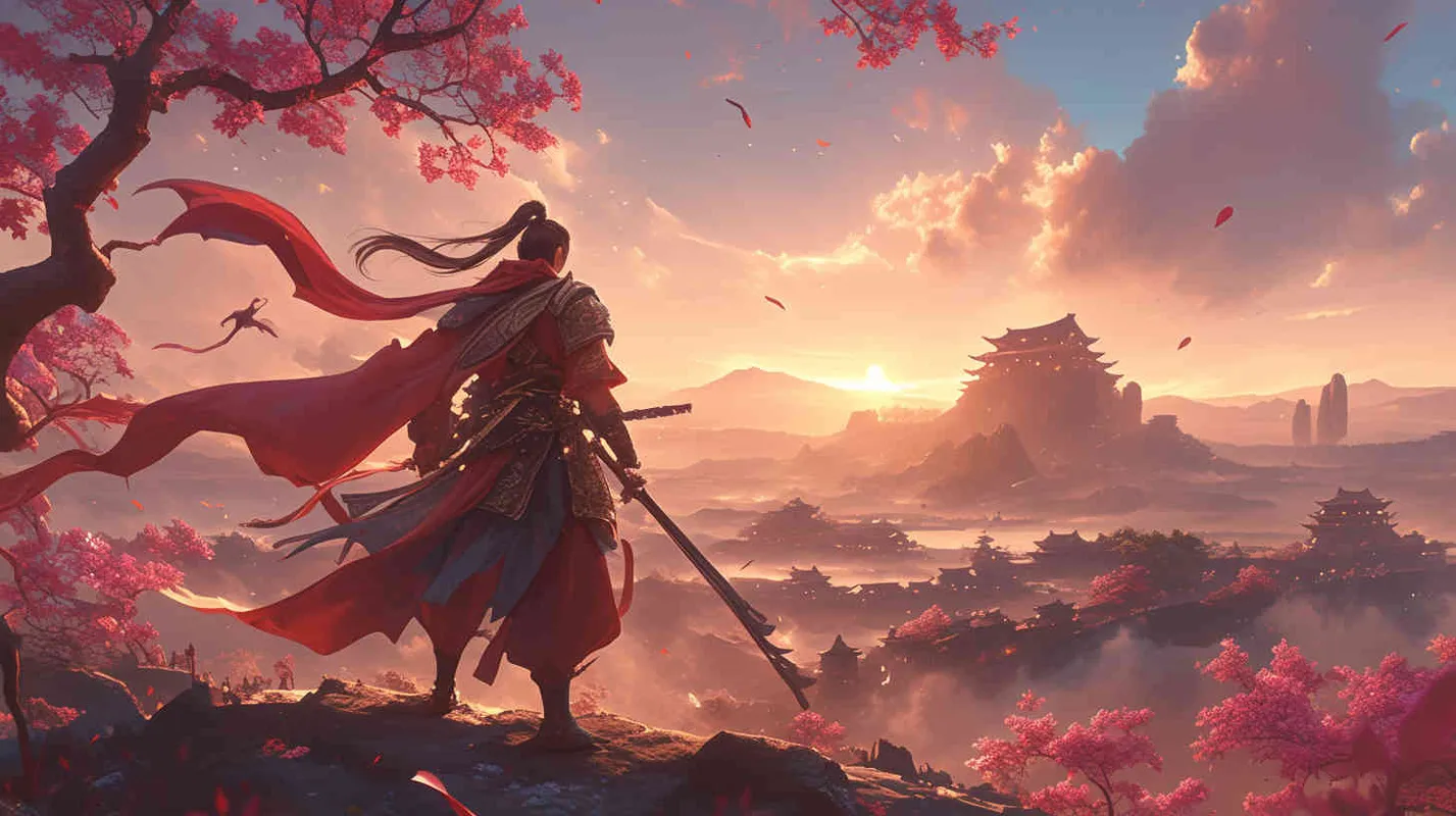 A handsome young man with a burly figure, thick eyebrows and big eyes, wearing a red robe and black long hair. Standing on the land of China, holding a long sword, the sword emitted bursts of cold light. Chinese scroll. - style2部分