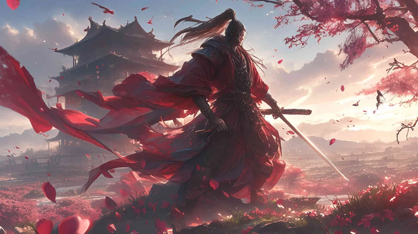 A handsome young man with a burly figure, thick eyebrows and big eyes, wearing a red robe and black long hair. Standing on the land of China, holding a long sword, the sword emitted bursts of cold light. Chinese scroll. - style4部分