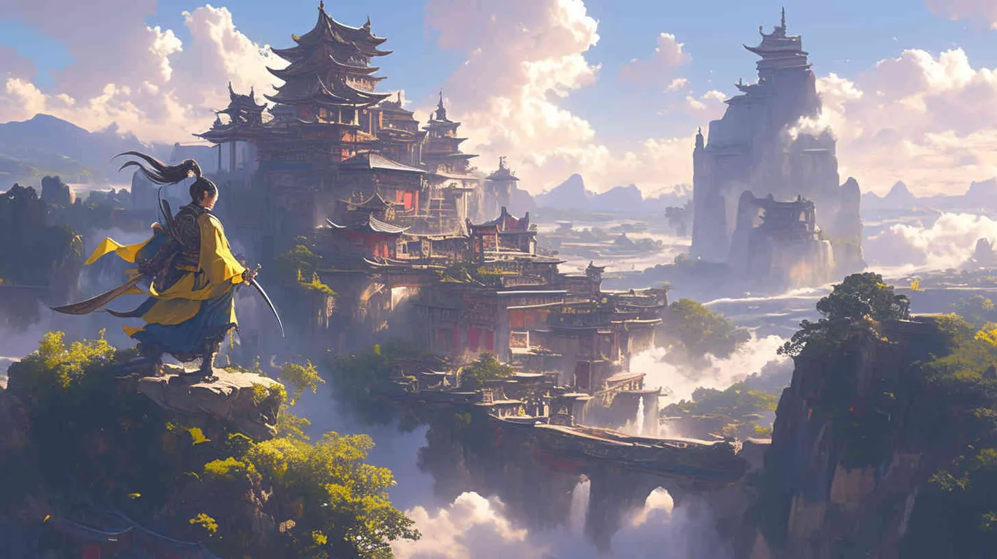 A handsome young man with a burly figure, thick eyebrows and big eyes, wearing a yellow robe and black long hair. Standing on the land of China, holding a long sword, the sword emitted bursts of cold light. Chinese scroll. – AI绘画作品展示 | Midjourney中文版生成