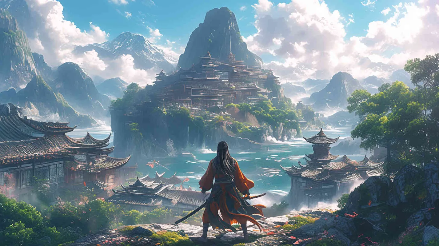 A handsome young man with a burly figure, thick eyebrows and big eyes, wearing a yellow robe and black long hair. Standing on the land of China, holding a long sword, the sword emitted bursts of cold light. Chinese scroll. - style2部分