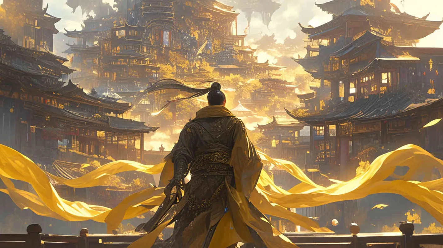 A handsome young man with a burly figure, thick eyebrows and big eyes, wearing a yellow robe and black long hair. Standing on the land of China, holding a long sword, the sword emitted bursts of cold light. Chinese scroll. - style3部分