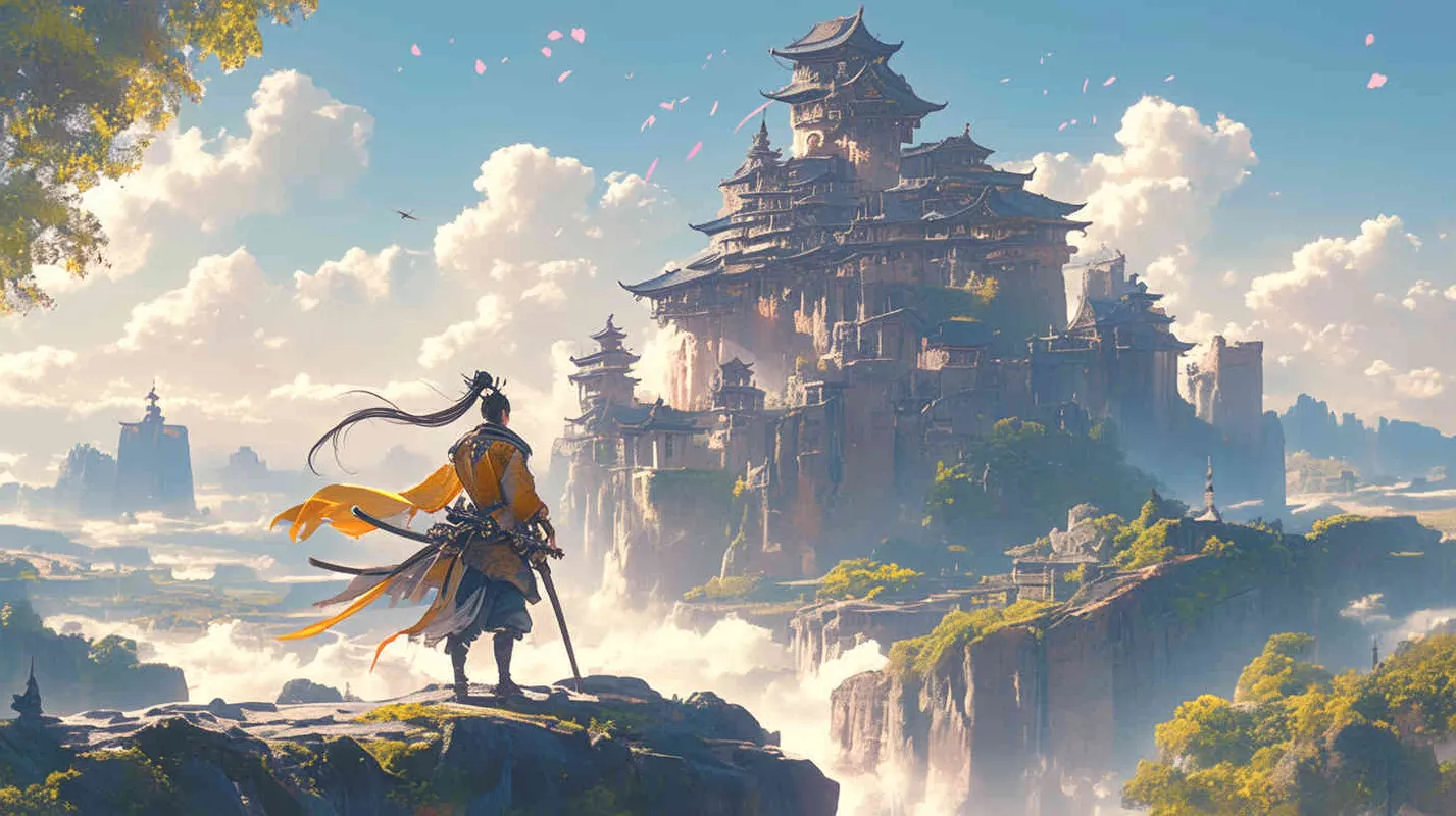 A handsome young man with a burly figure, thick eyebrows and big eyes, wearing a yellow robe and black long hair. Standing on the land of China, holding a long sword, the sword emitted bursts of cold light. Chinese scroll. - style4部分
