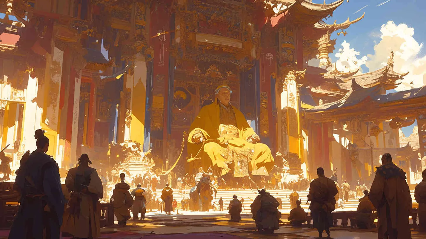 In the magnificent palace, a burly middle-aged emperor with thick eyebrows and big eyes, dressed in a yellow robe and black long hair, sat on the throne. In front of him were many ministers wearing black robes, reporting national affairs to the emperor. The ministers are all holding scrolls in their hands. Chinese scroll. - AI绘画作品展示 | Midjourney中文版生成
