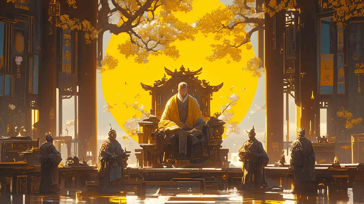 In the magnificent palace, a burly middle-aged emperor with thick eyebrows and big eyes, dressed in a yellow robe and black long hair, sat on the throne. In front of him were many ministers wearing black robes, reporting national affairs to the emperor. The ministers are all holding scrolls in their hands. Chinese scroll. - AI绘画作品展示 | Midjourney中文版生成