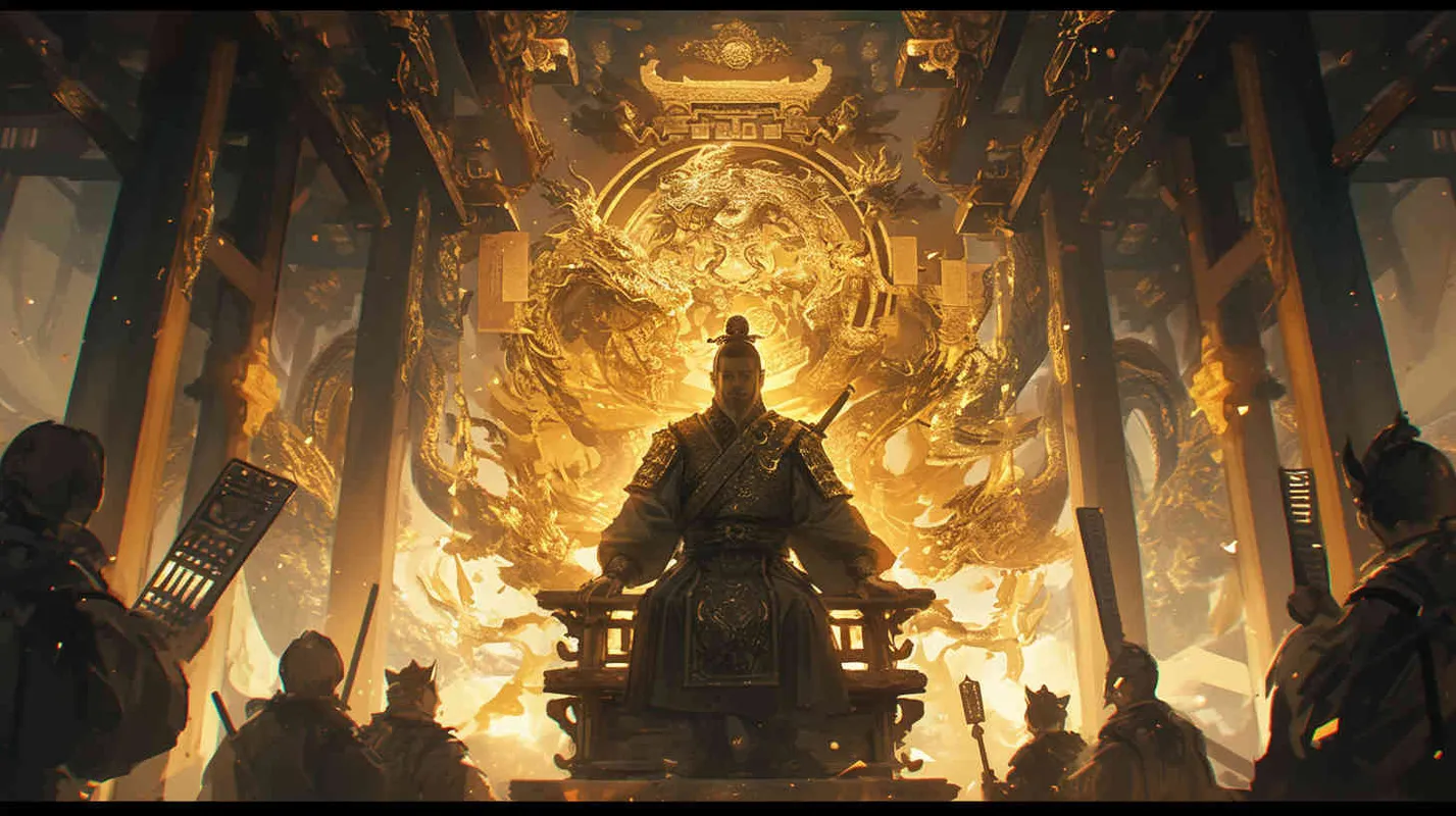 In the magnificent palace, a burly middle-aged emperor with thick eyebrows and big eyes, dressed in a yellow robe and black long hair, sat on the throne. In front of him were many ministers wearing black robes, reporting national affairs to the emperor. The ministers are all holding scrolls in their hands. Chinese scroll. - AI绘画作品展示 | Midjourney中文版生成