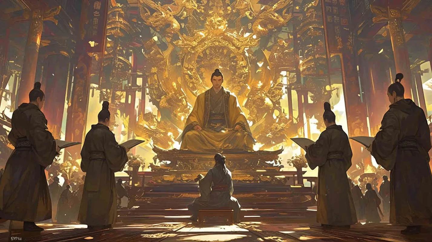 In the magnificent palace, a burly middle-aged emperor with thick eyebrows and big eyes, dressed in a yellow robe and black long hair, sat on the throne. In front of him were many ministers wearing black robes, reporting national affairs to the emperor. The ministers are all holding scrolls in their hands. Chinese scroll. - AI绘画作品展示 | Midjourney中文版生成